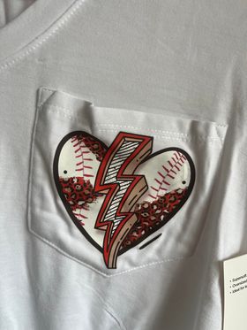 Oversized, pre tied pocket t shirt with baseball heart and bolt size XS