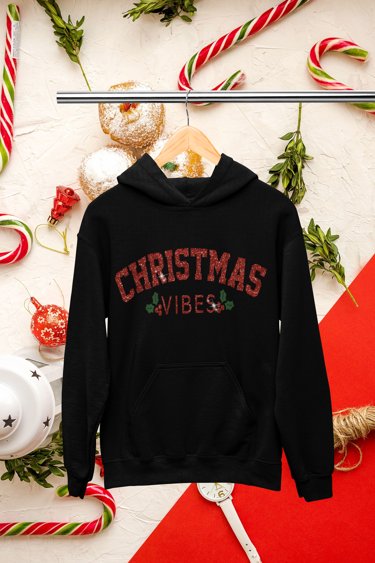 Christmas Vibes- Red Glitter Hoodie